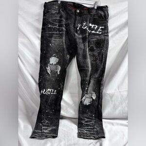 Encrypted Men's Black Distressed Jeans with design and graphics